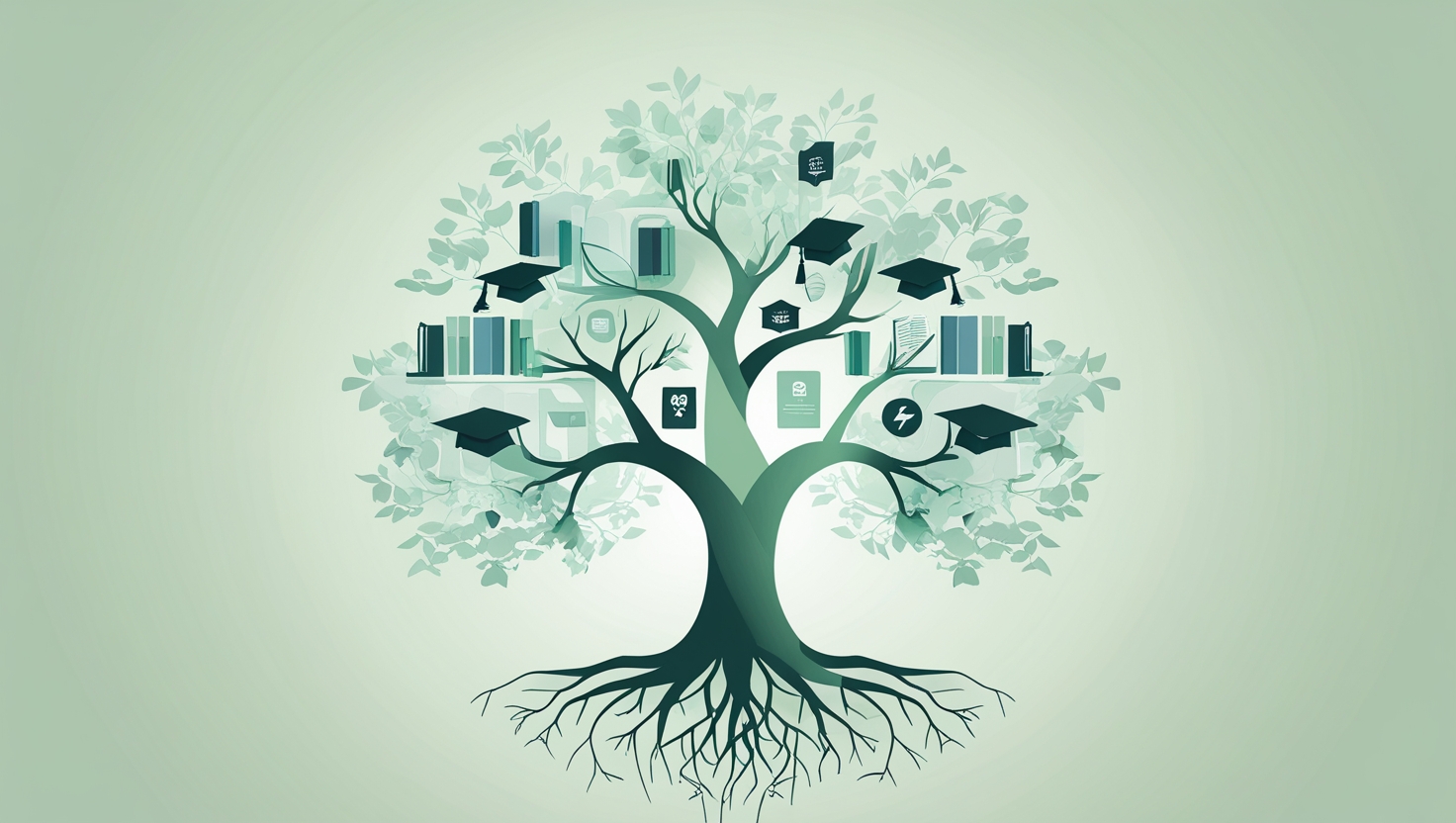 Illustration of a tree with branches featuring books, graduation caps, and various educational symbols, set against a soft green background.