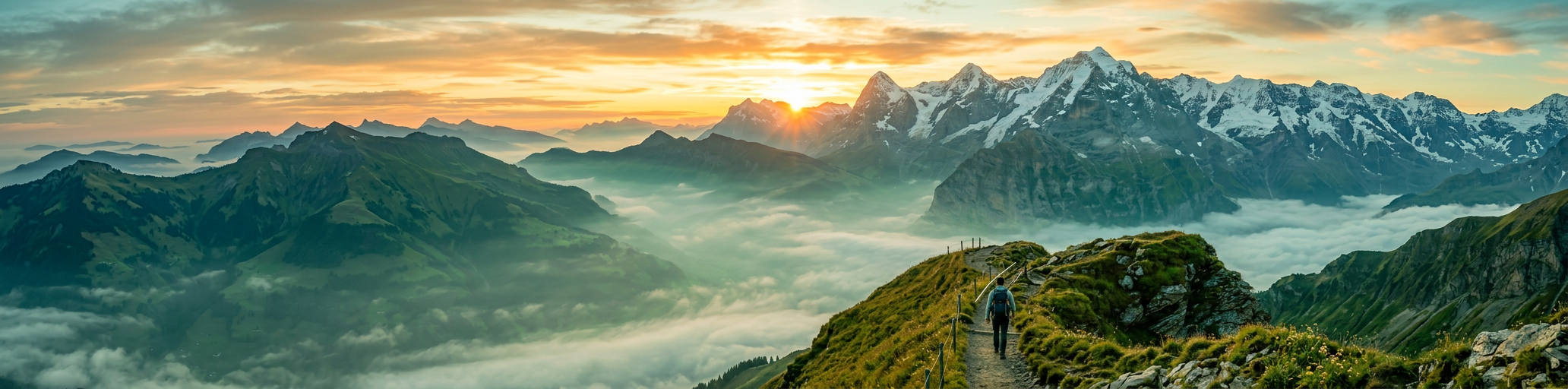 Hiker walking on a mountain trail with sunrise behind snow-capped peaks